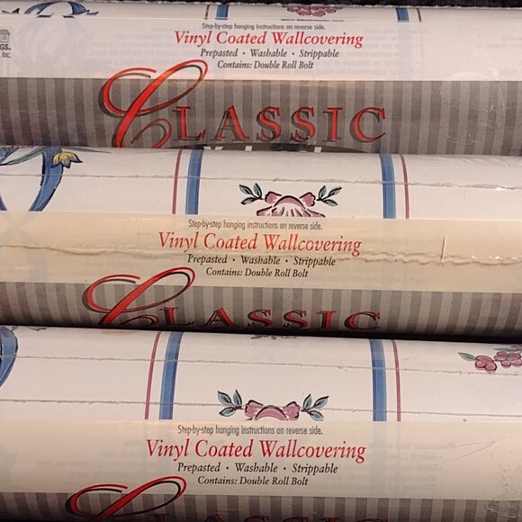 Vintage 3 Rolls Borden Wallpaper Blue Mauve Striped Bows Flowers Cottage Core - Picture 9 of 11